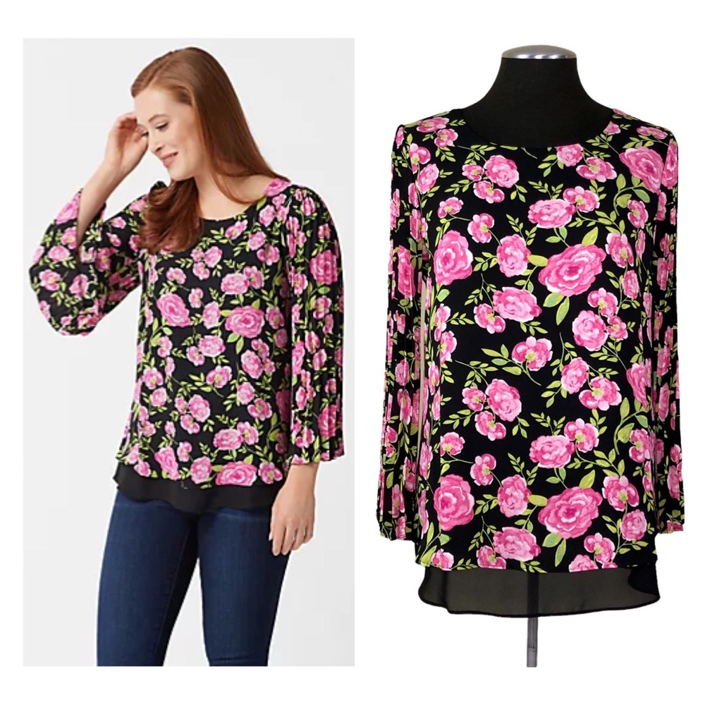 Laurie Felt - Floral Pleated Long Sleeve Lined Blouse - Extra Small XS